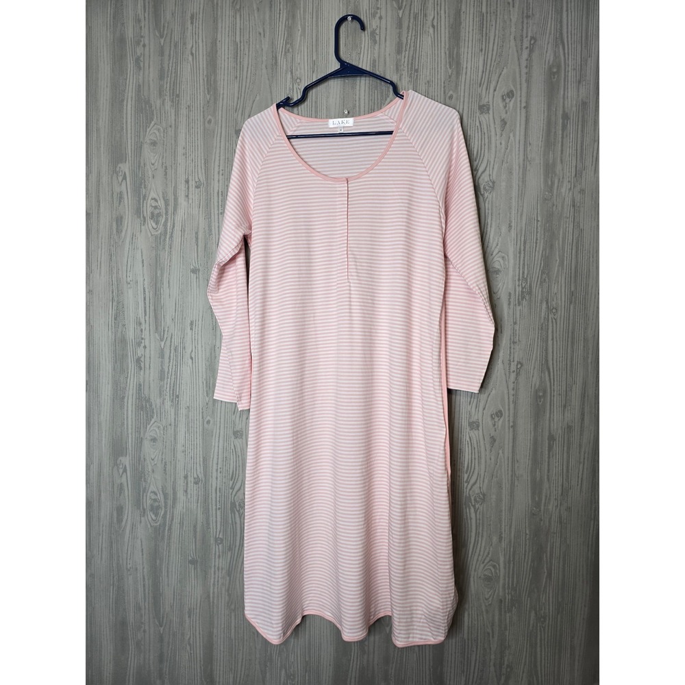 LAKE Pajamas Pima Cotton Nightshirt Womens M Pink White Stripe Long Sleeve